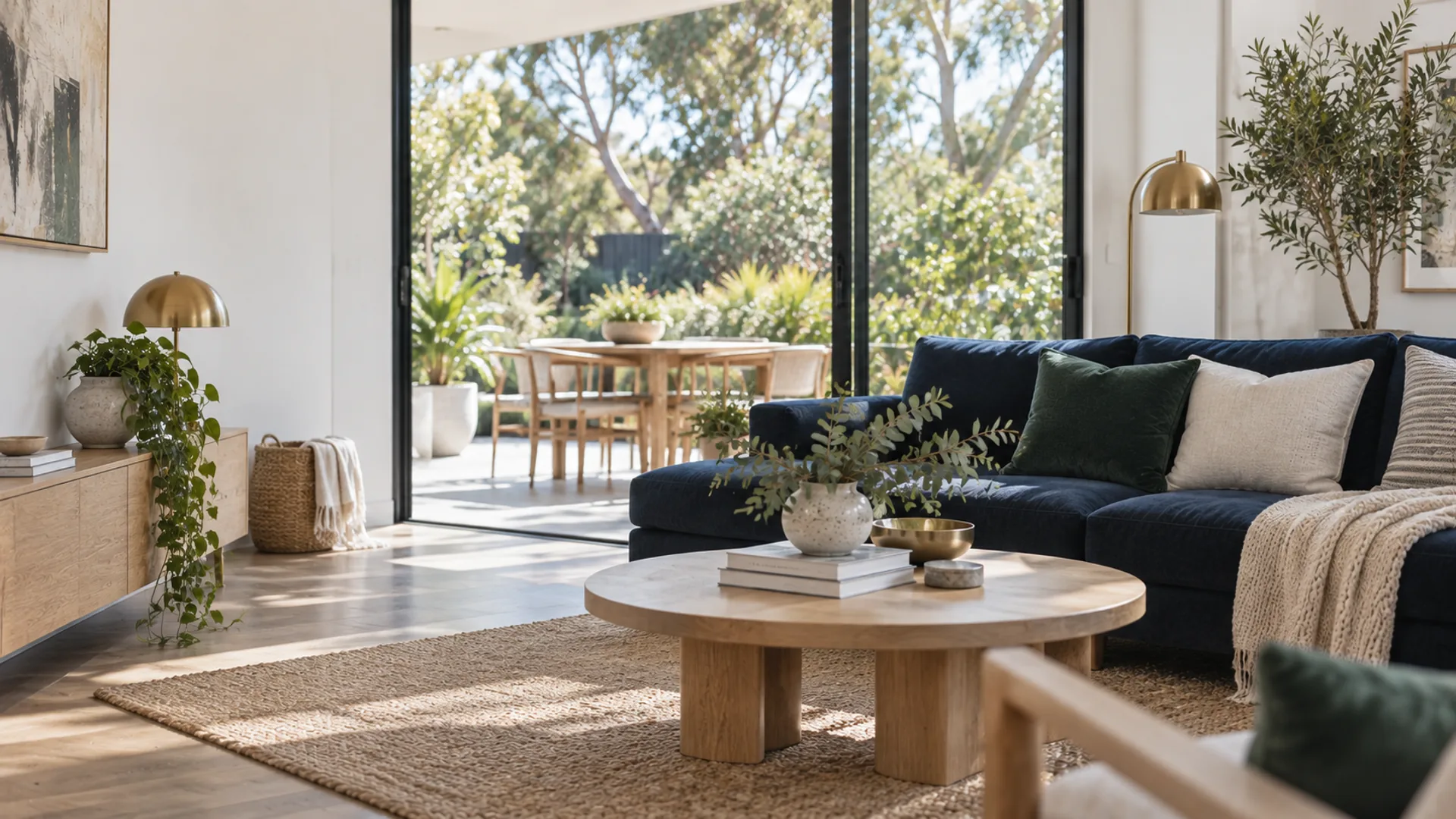Renovated living room with a navy sofa and a native garden outlook