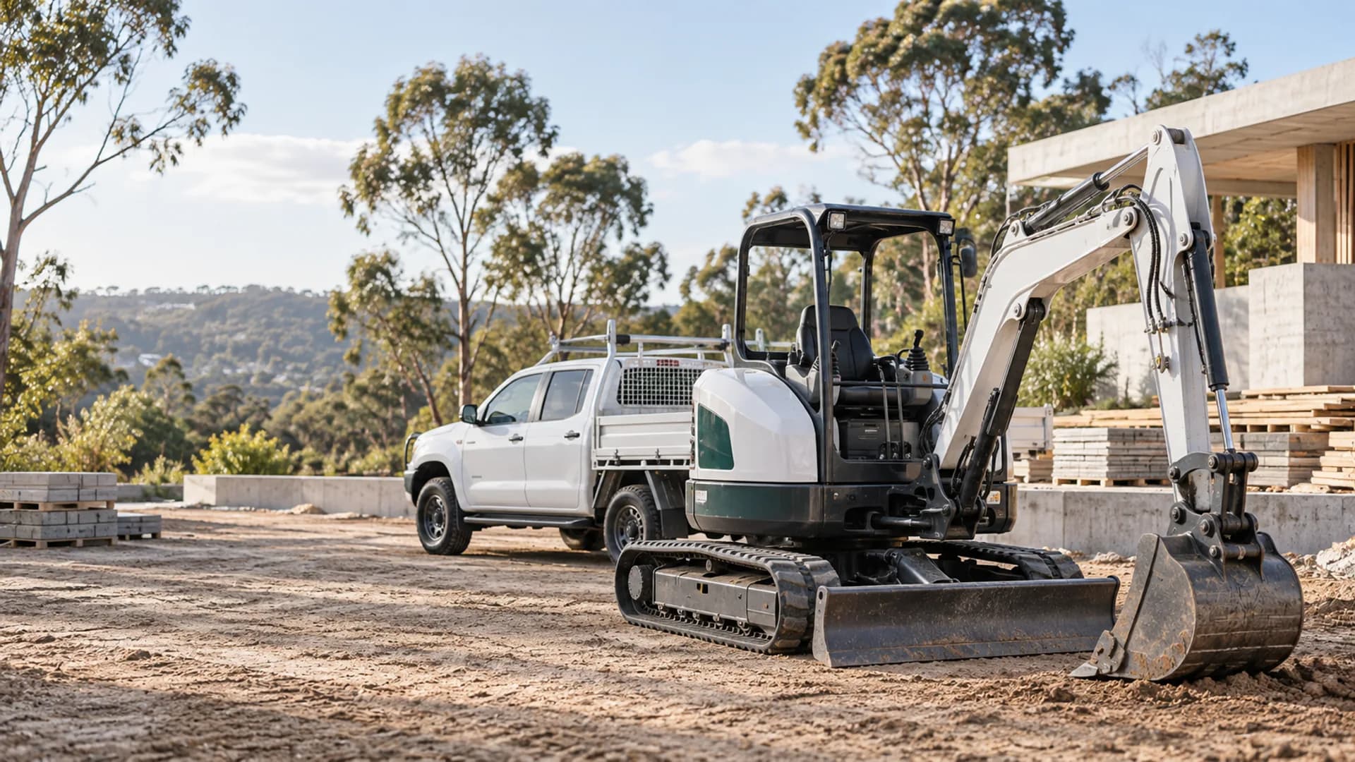 Compact excavator and work ute on an orderly construction site