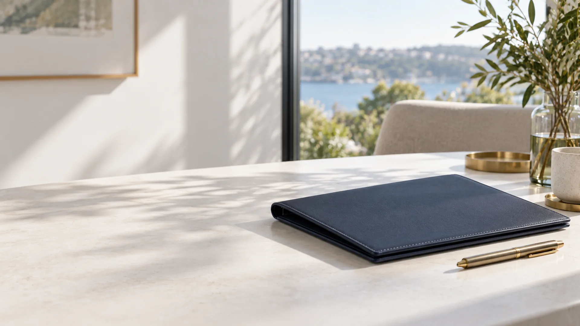 Document folder and pen in natural window light
