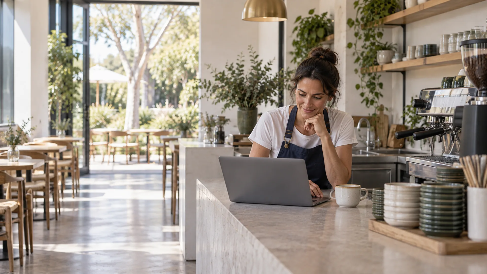 Cafe owner reviewing a laptop beside the coffee counter