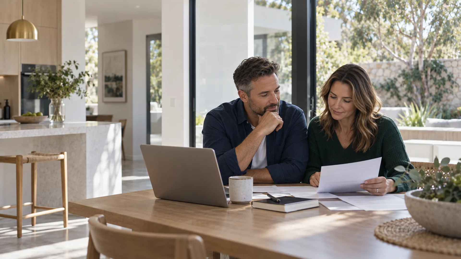 Couple reviewing household loan paperwork at their kitchen table