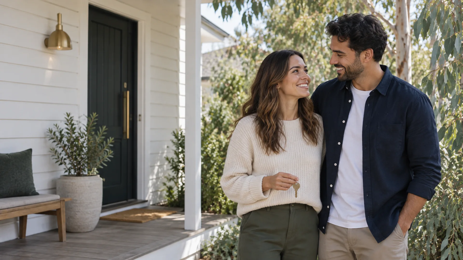 Couple at the entrance to their first home, an illustrative scene