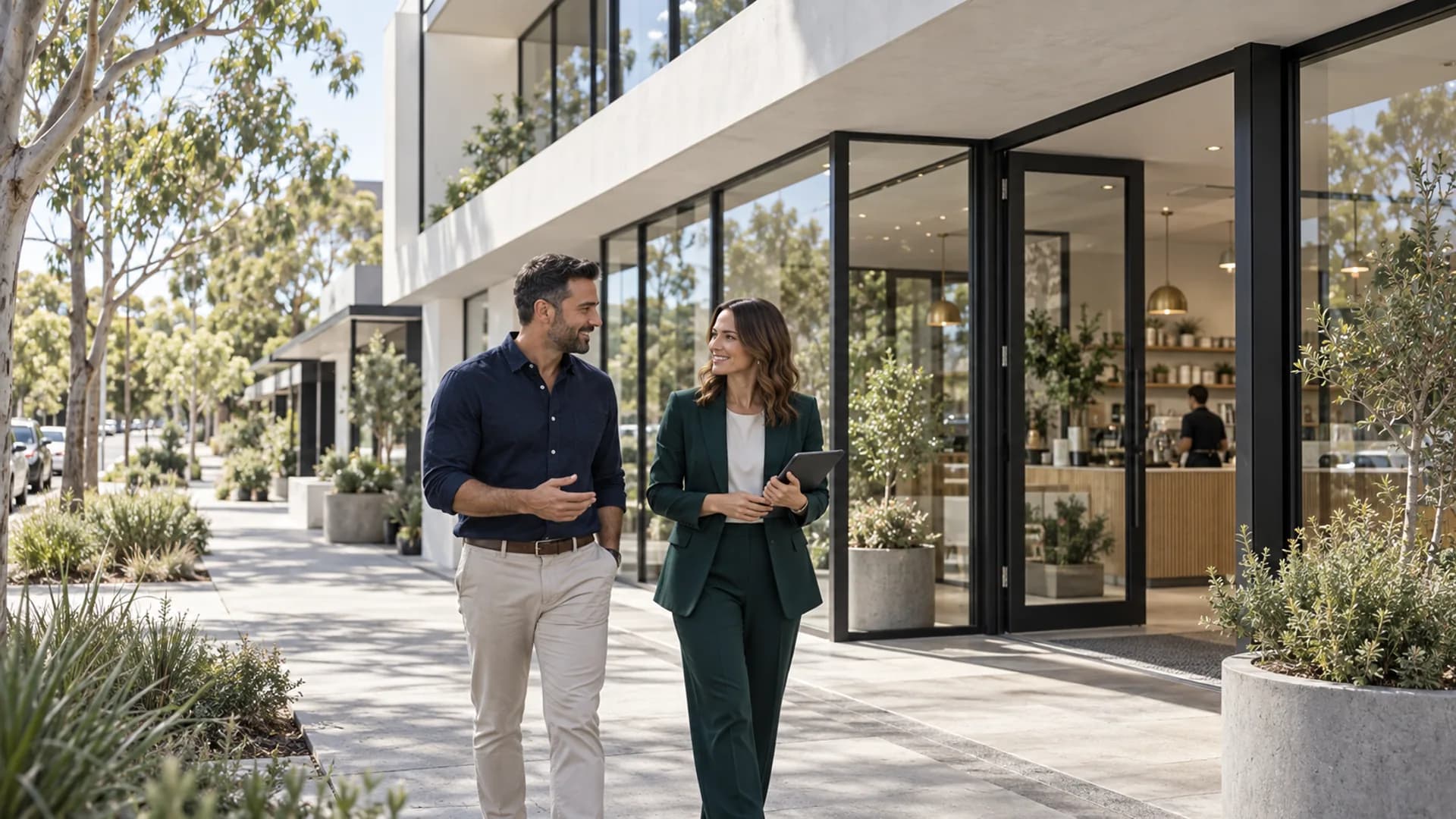 Adviser and business owner outside glass-fronted commercial premises